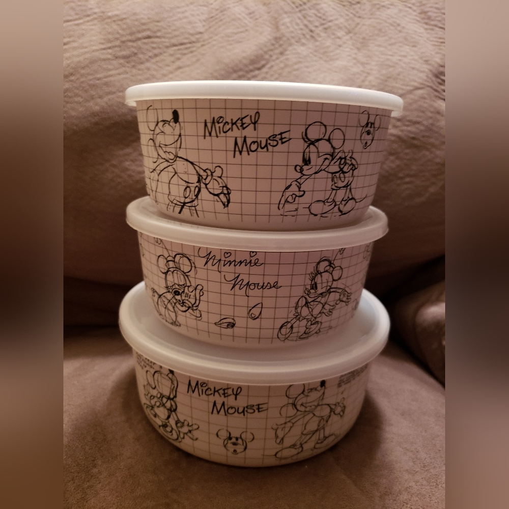 Mickey And Minnie Mouse Bamboo Food Containers Set Of 3 New